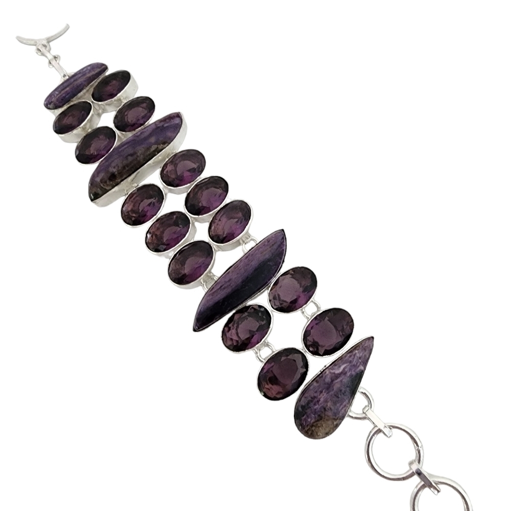 Silver gemstone bracelet - purple charoite gemstones + amethyst glass stones Q15